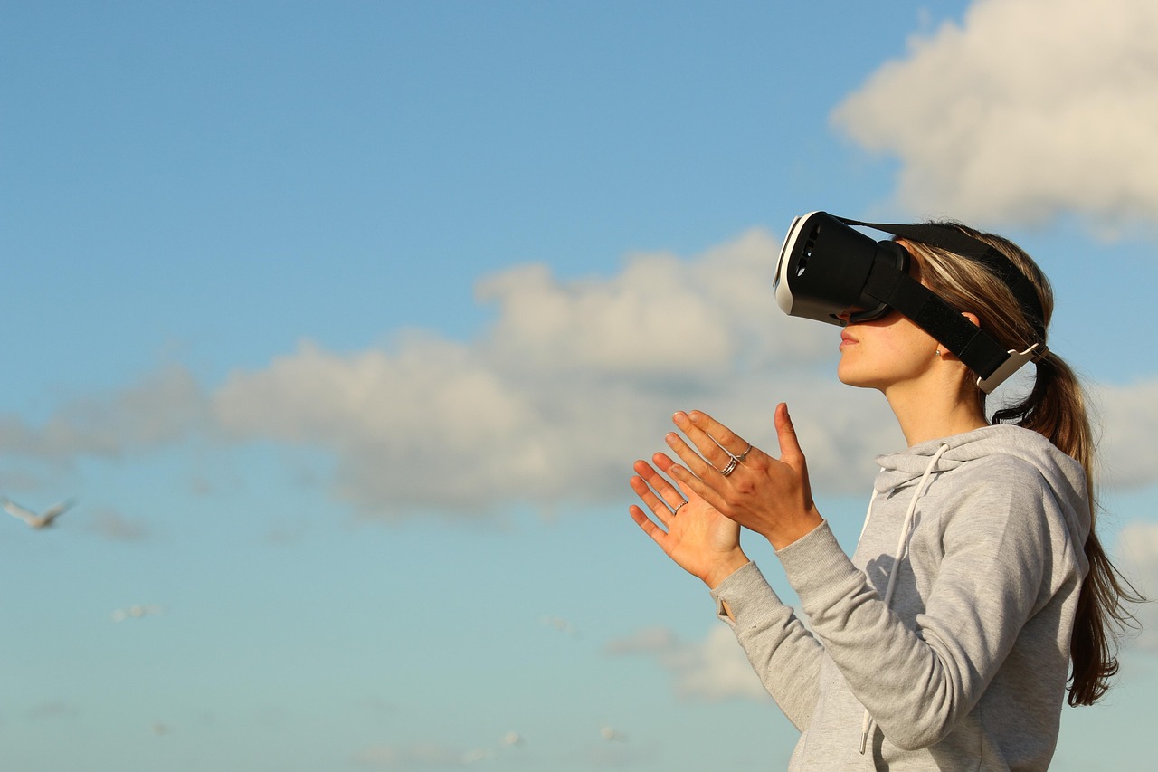 woman, virtual reality, game, nature, clouds, ar, augmented reality, metaverse, female, girl, outdoors, person, side vie