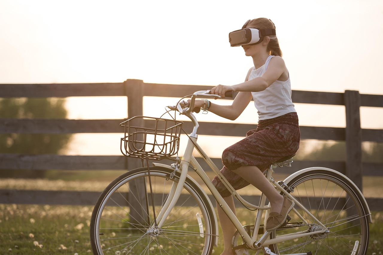 augmented reality, bicycle, girl, bike, metaverse, child, cyclist, fence, fun, outdoors, person, virtual reality, virtua