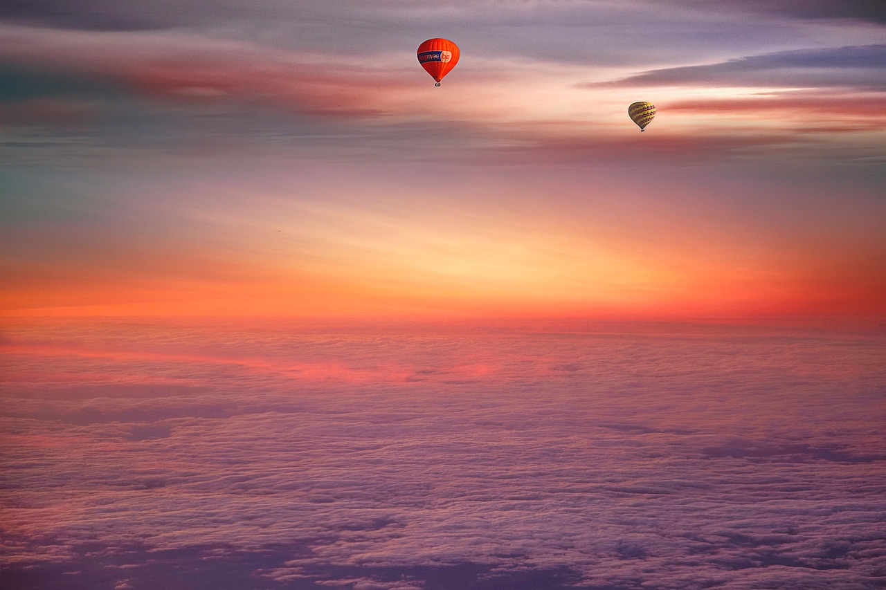 hot air balloons, clouds, sunset, nature, fantasy