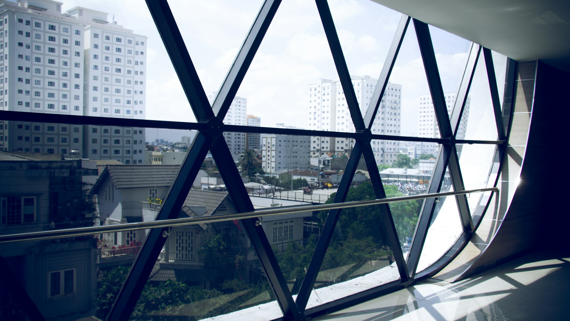 glass wall with metal bars inside building
